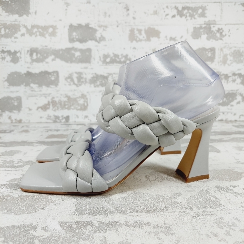New Marc Fisher Hammy Grey Leather Braided Strap Heeled Sandals M991